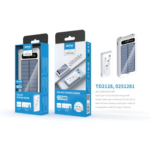 TD2128 Solar PowerBank Aya, 12000mAh, Output (Micro USB+iPhone+Type-C+USB2.0), Led ABS, White